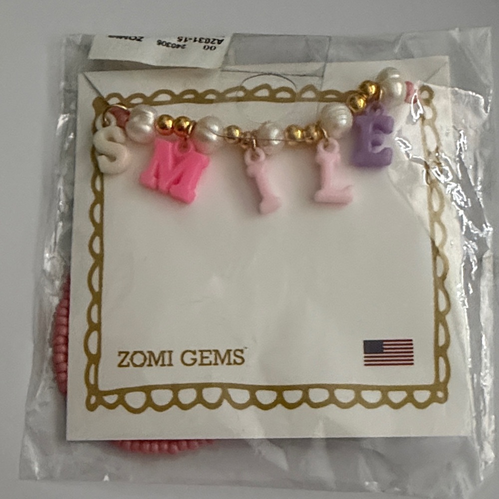 SMILE Letter Charm Bracelet - Pink, Purple, Gold & Pearl